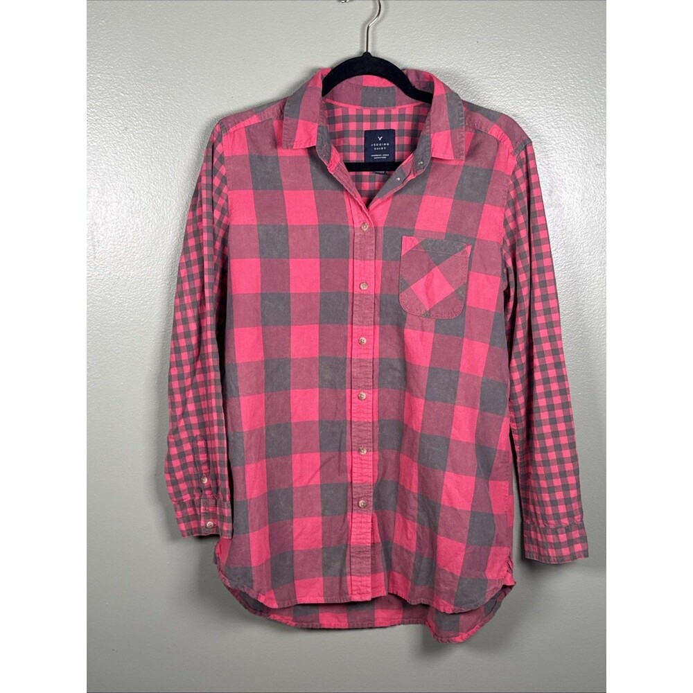 American Eagle Grey‎ and Pink Plaid Relaxed Jegging Shirt Sz M - Small Hole